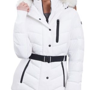 MICHAEL - MICHAEL KORS Women's Belted Faux-Fur- XL Trim Hooded Puffer Coat